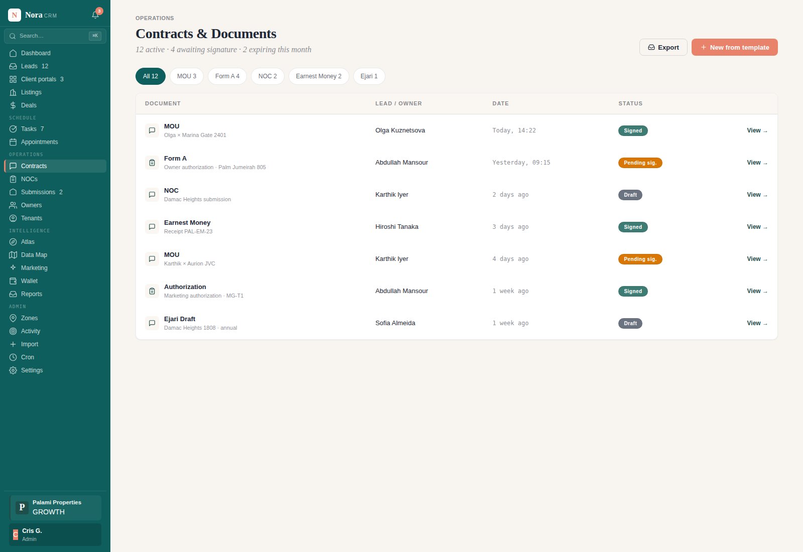 Nora CRM Contracts and Documents